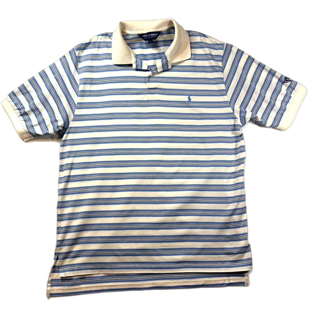 Vintage Polo Golf Ralph Lauren Blue/White Striped Pima Cotton Polo Shirt Large